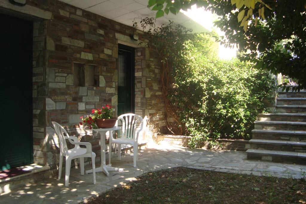 une table et des chaises assises à l'extérieur d'un bâtiment dans l'établissement Ileana's house, à Vólos