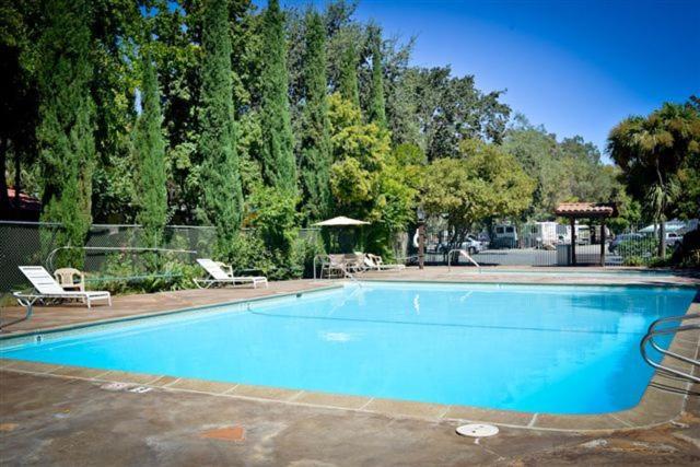 a large blue swimming pool with chairs and trees at Casa de Fruta Inn in Hollister