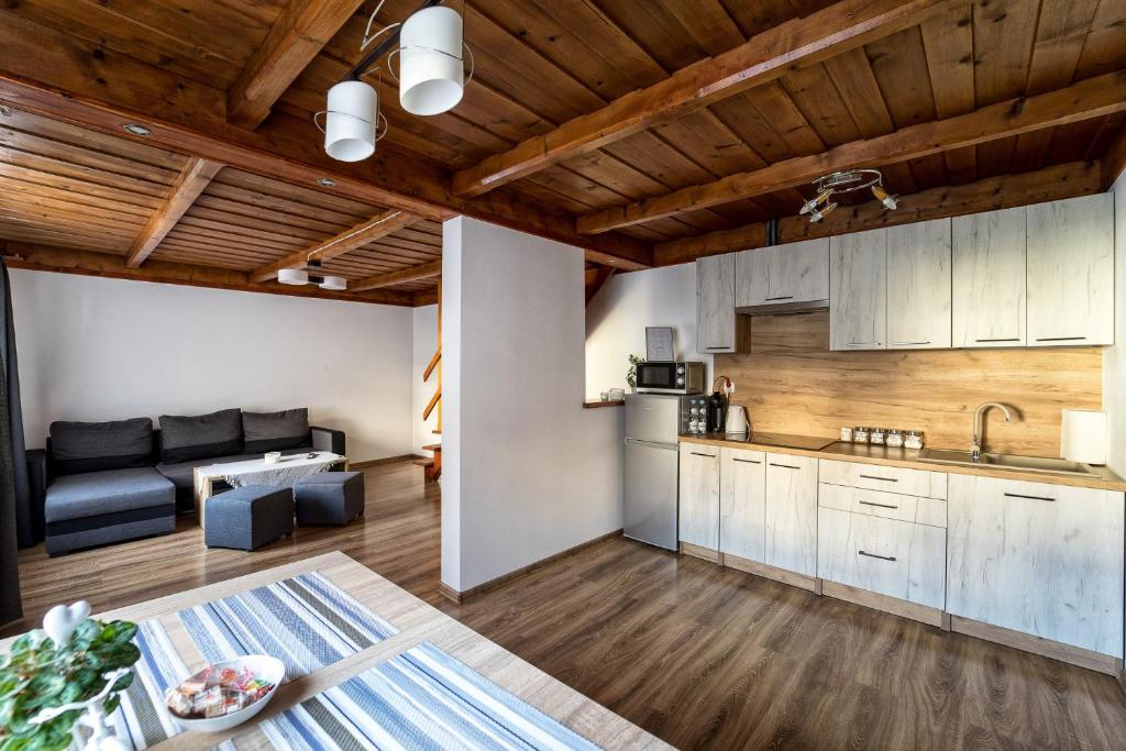 eine offene Küche und ein Wohnzimmer mit Holzdecken in der Unterkunft Noclegi na złoncu in Ratułów