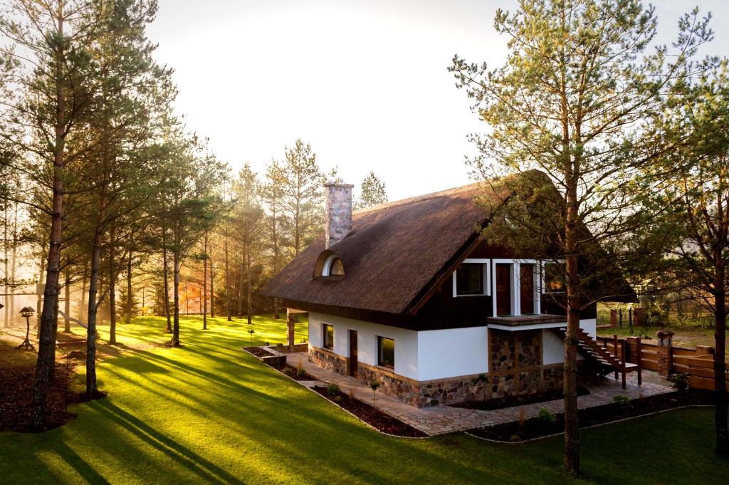 ein kleines Haus mit einem Dach auf einem grünen Feld in der Unterkunft LEŚNA STRZECHA APARTAMENTY in Rotembark