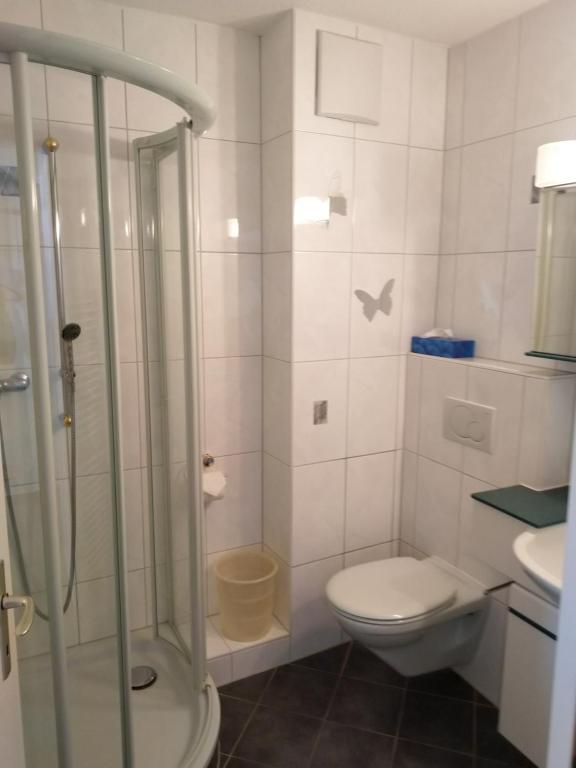 ein Bad mit einer Dusche, einem WC und einem Waschbecken in der Unterkunft Fortuna 404 in Leukerbad