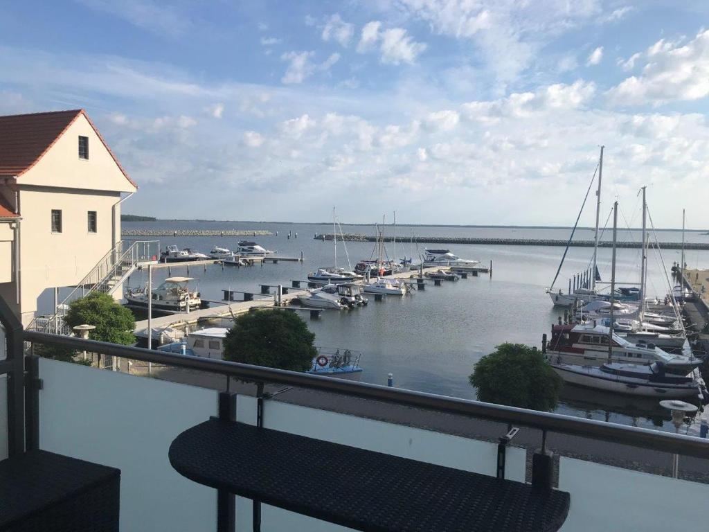 uitzicht op een jachthaven met boten in het water bij Speicher Residenz Barth E2 App 3 in Barth