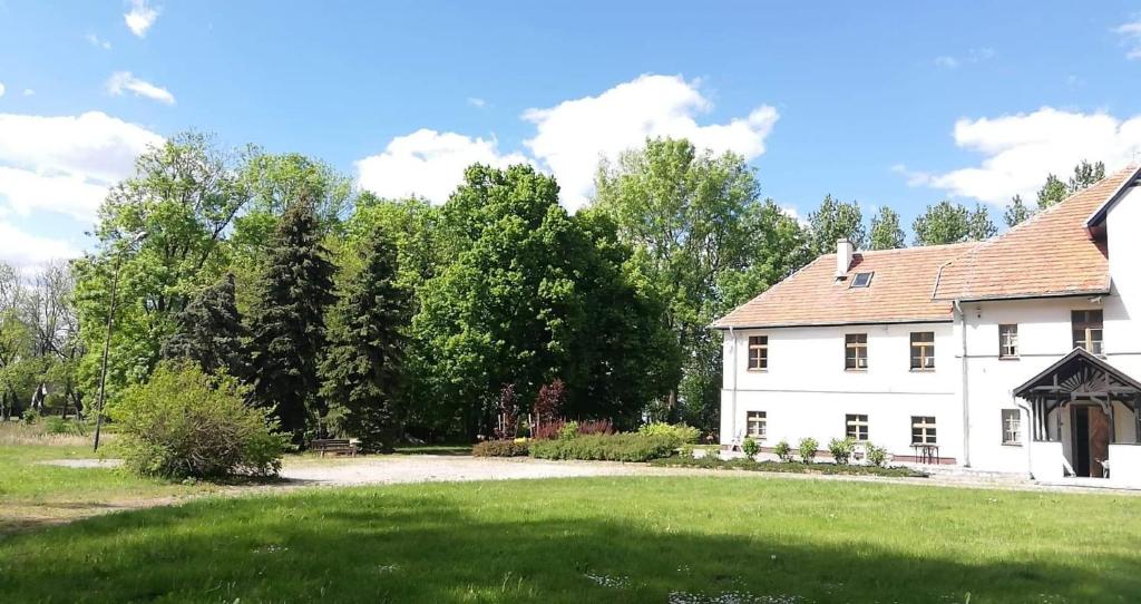 a large white house with a grass yard at Dwór Komorowo in Komorowo