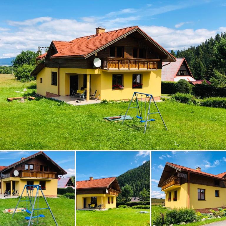 four different pictures of a house and a playground at Chata Ski Chopok in Belá