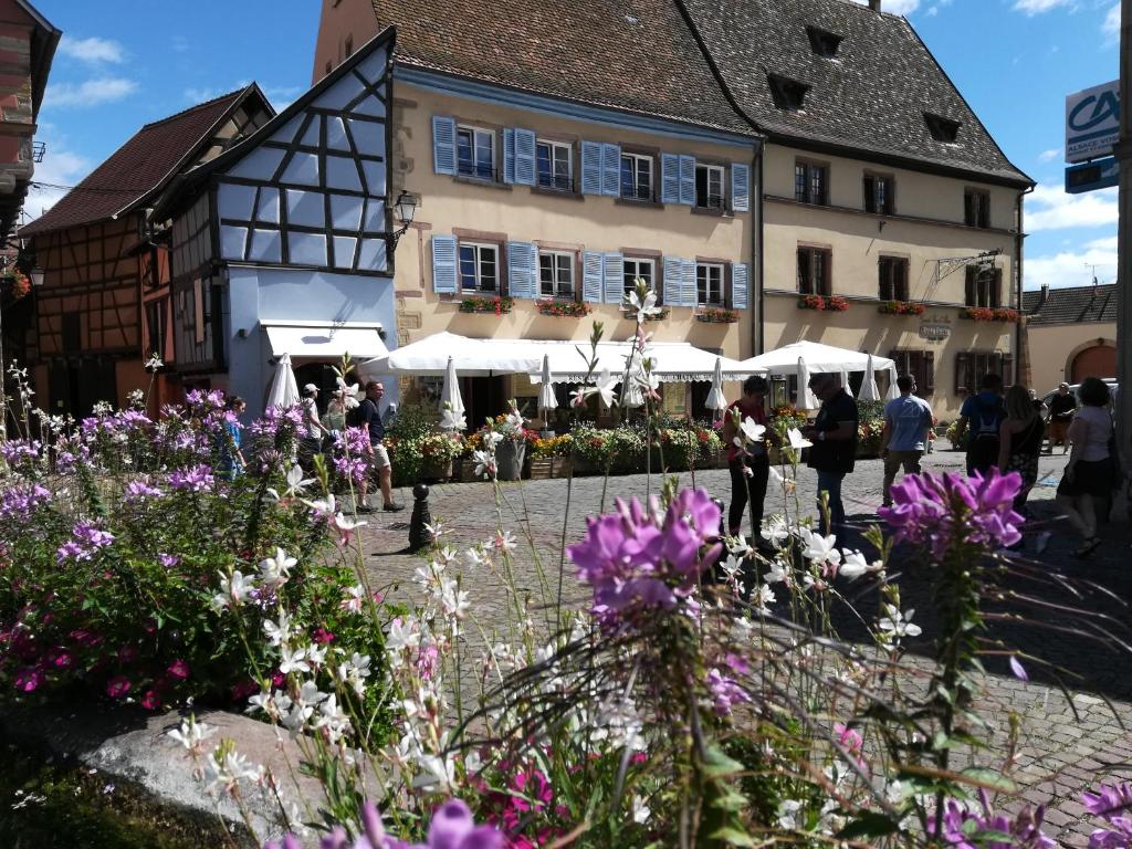 a town square with flowers in front of a building at Gîte au château fleuri in Eguisheim