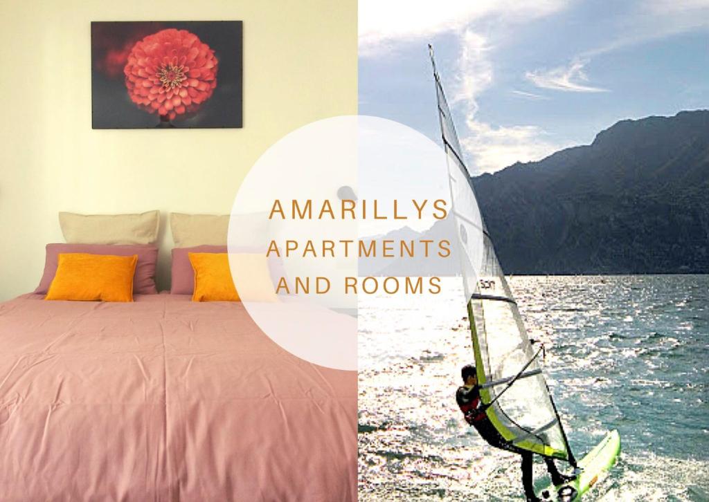 um homem numa prancha de surf na água ao lado de uma cama em Amarillys Apartment and Rooms in CasaClima (climate certification) em Nago-Torbole