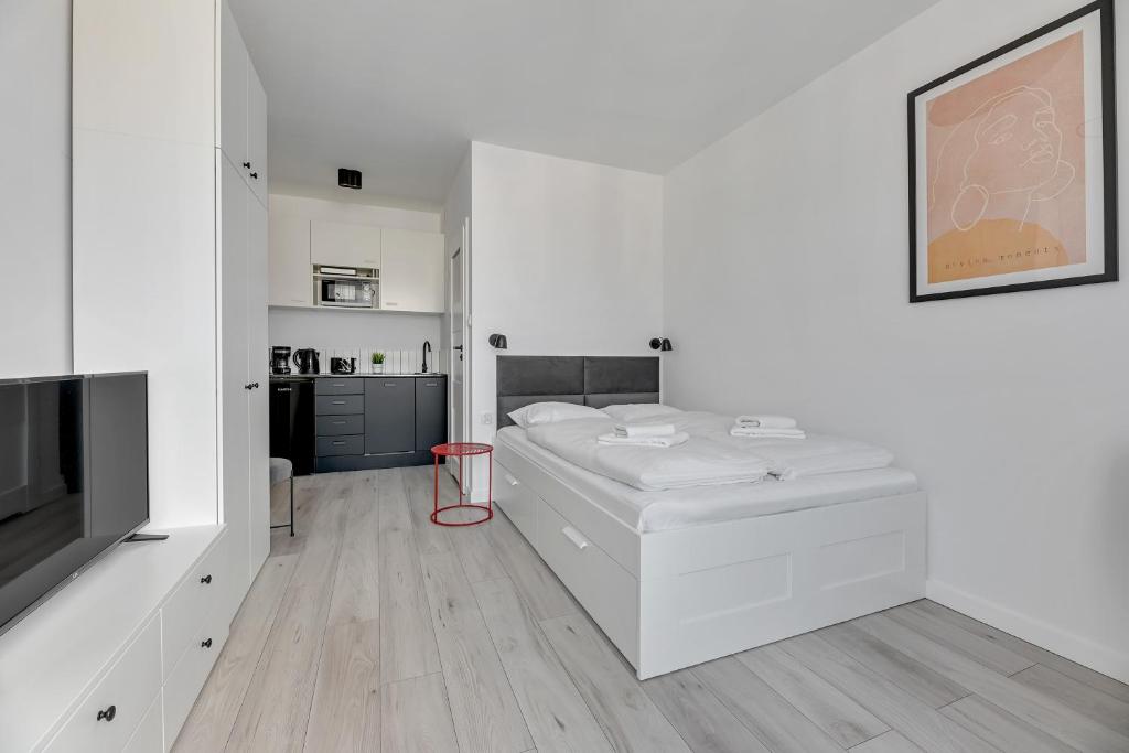 Posteľ alebo postele v izbe v ubytovaní Apartamenty Świętej Barbary