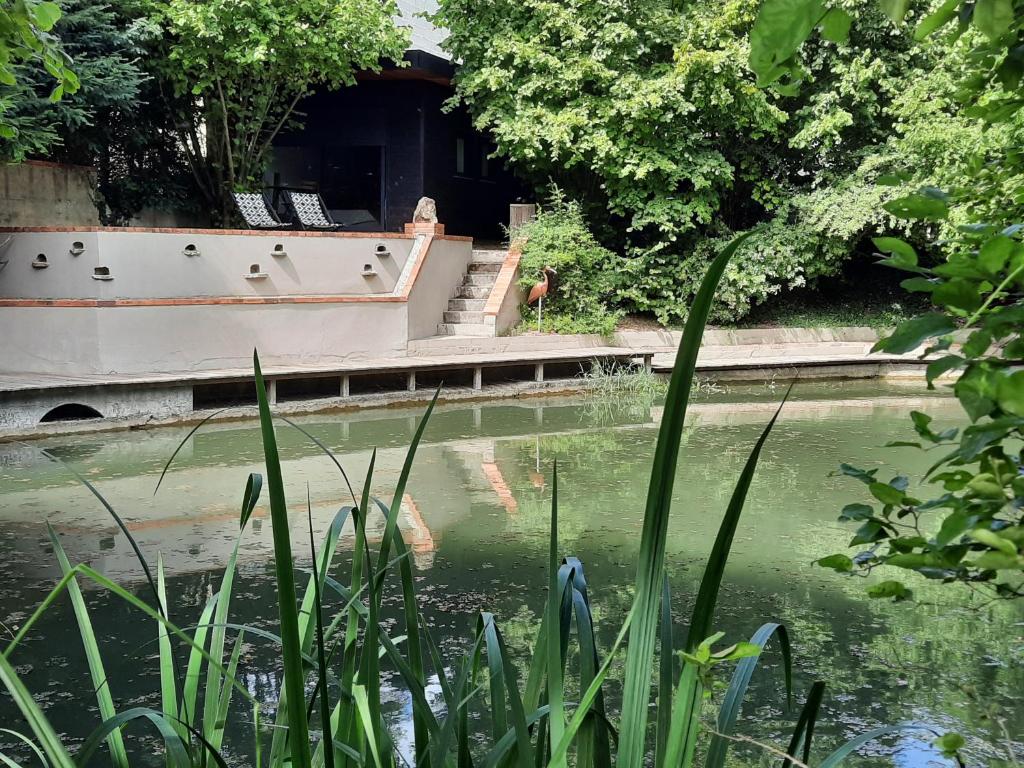 uma piscina de água com relva no primeiro plano em La Cabane de Troyes - Chambre d'hôtes em Troyes