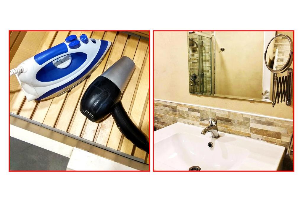 dwa zdjęcia łazienki z umywalką i suszarką do włosów w obiekcie Empire - Casa Vacanze w mieście Modena