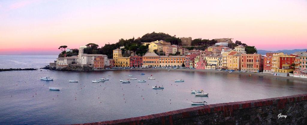 um grupo de barcos na água perto de uma cidade em Girasole76 em Sestri Levante