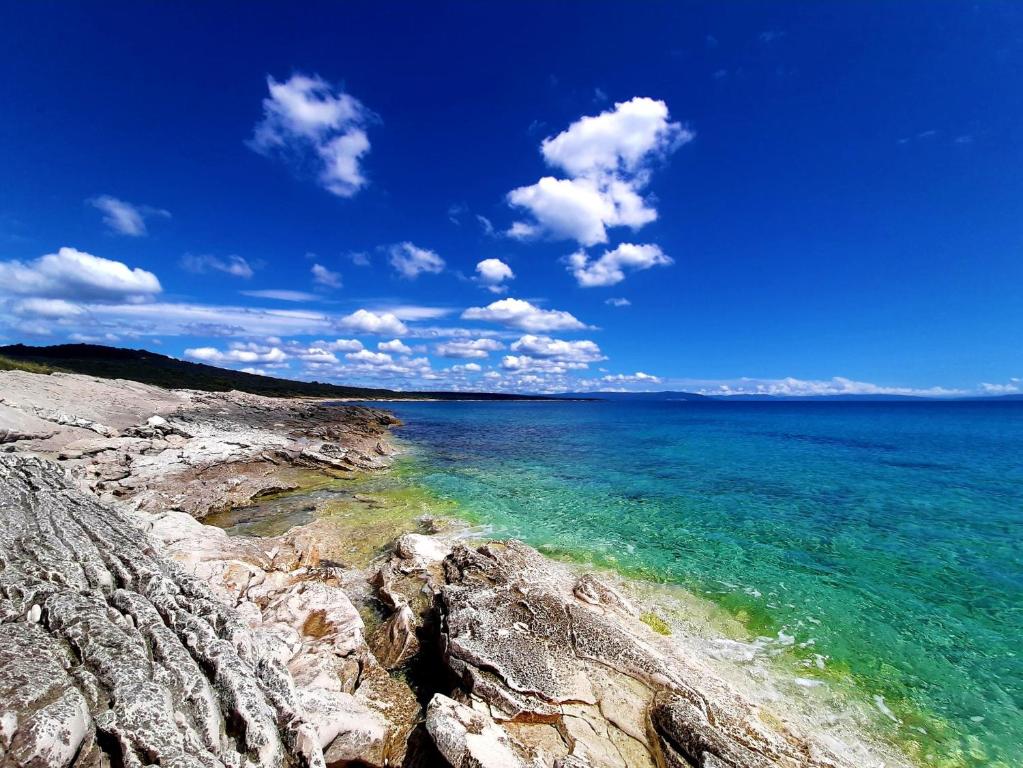 a view of the ocean from a rocky shore at Apartment Agava Istria - family vacation rental with free parking, garden, WiFi in Ližnjan