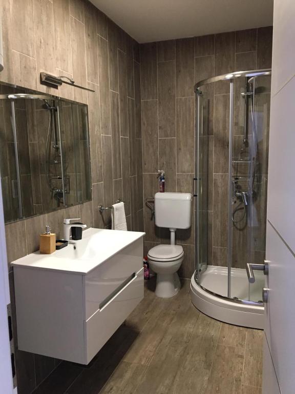 łazienka z toaletą, prysznicem i umywalką w obiekcie Gavran Apartment Vinjerac w mieście Vinjerac