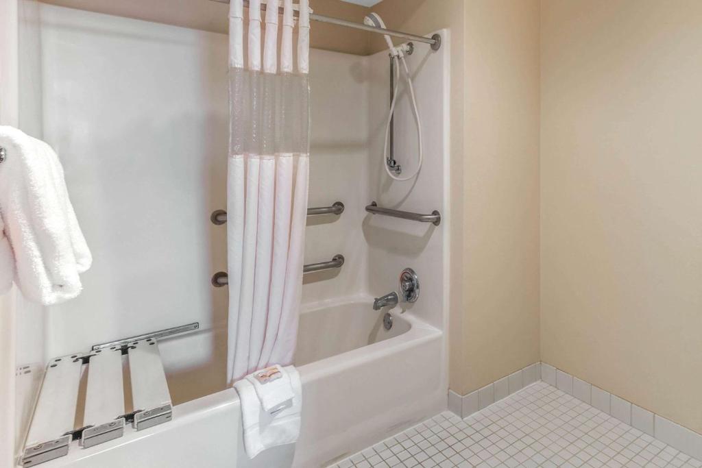 a bathroom with a tub and a shower curtain at La Quinta Inn & Suites by Wyndham Las Cruces Organ Mountain in Las Cruces