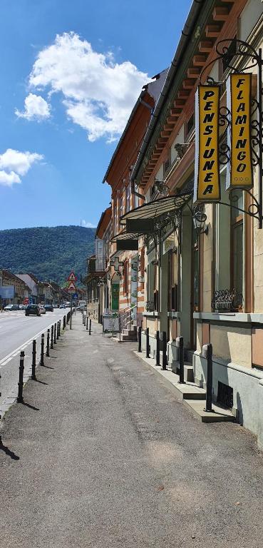 un edificio con letreros al lado de una calle en Pension Flamingo, en Brasov