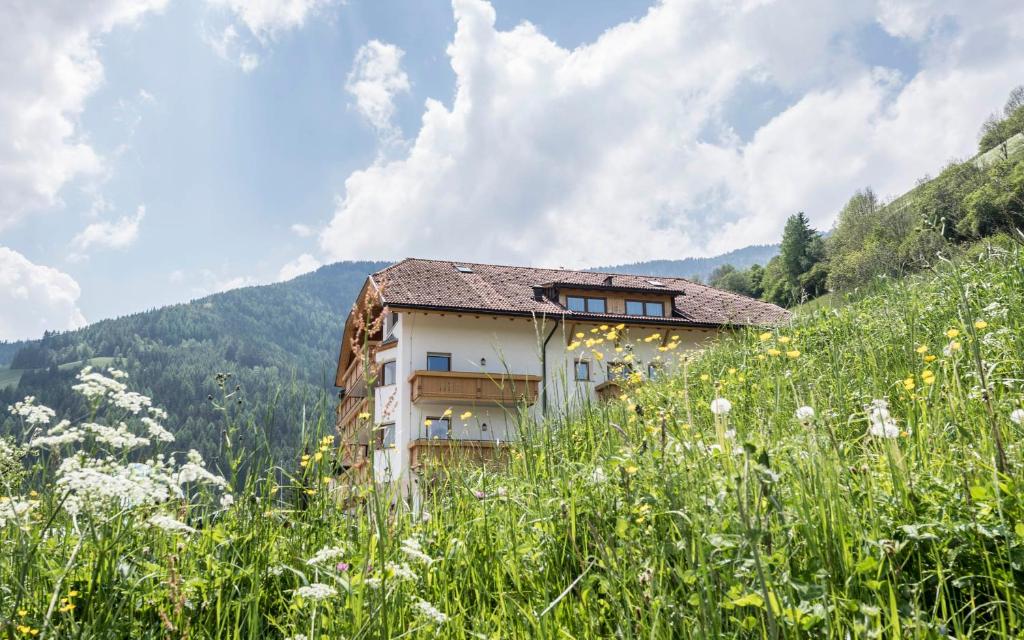 ein Haus auf einem Hügel auf einem Blumenfeld in der Unterkunft Hotel Onach in St. Lorenzen