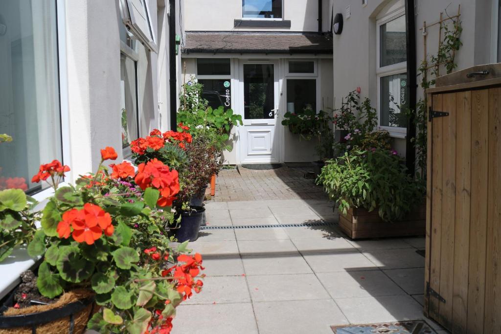 una puerta de entrada de una casa con flores rojas en The Holt, en Llangollen