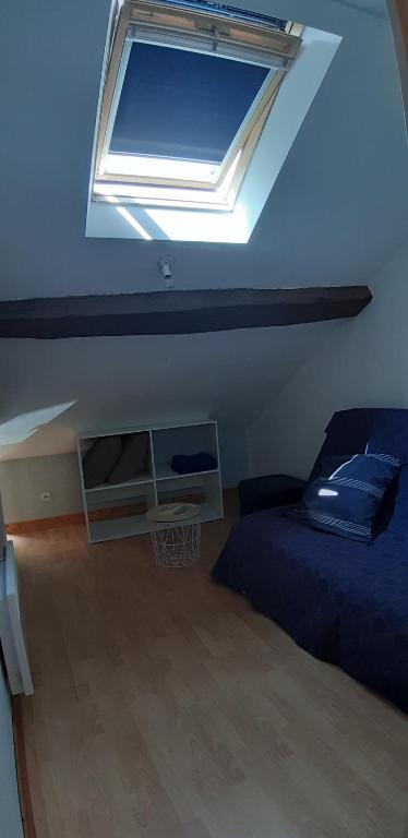 a bedroom with a bed and a skylight at Le gîte de l'atelier in Lailly-en-Val