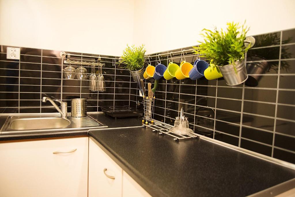 a kitchen with a sink and black tiled wall at Pokoje Stare Miasto in Krakow