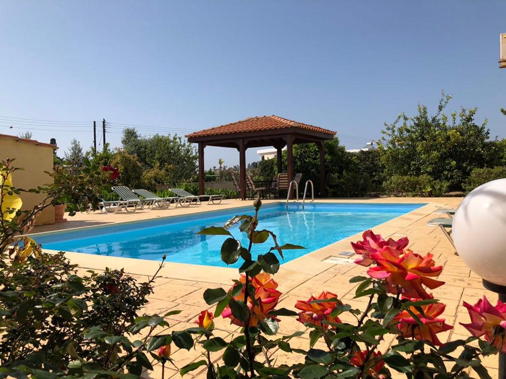 a swimming pool with a gazebo and some flowers at Peyia Villas Cyprus in Peyia