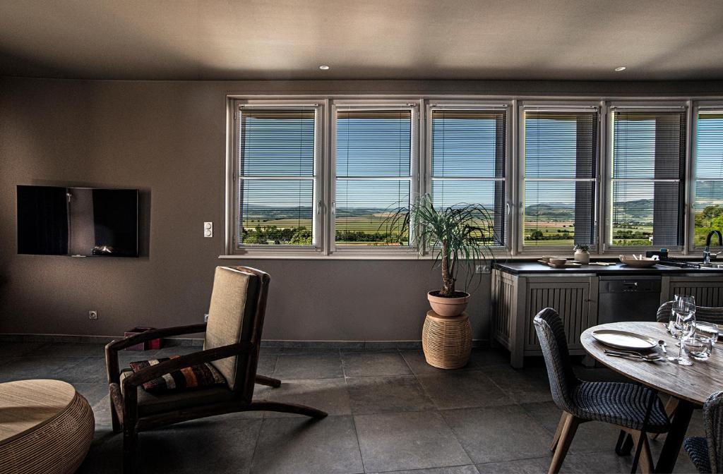 ein Wohnzimmer mit einem Tisch, Stühlen und Fenstern in der Unterkunft The View - Gite Sancy in Montpeyroux