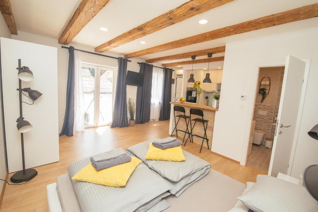 un salon avec un canapé et une table dans l'établissement Apartment 63 - 3, à Zagreb