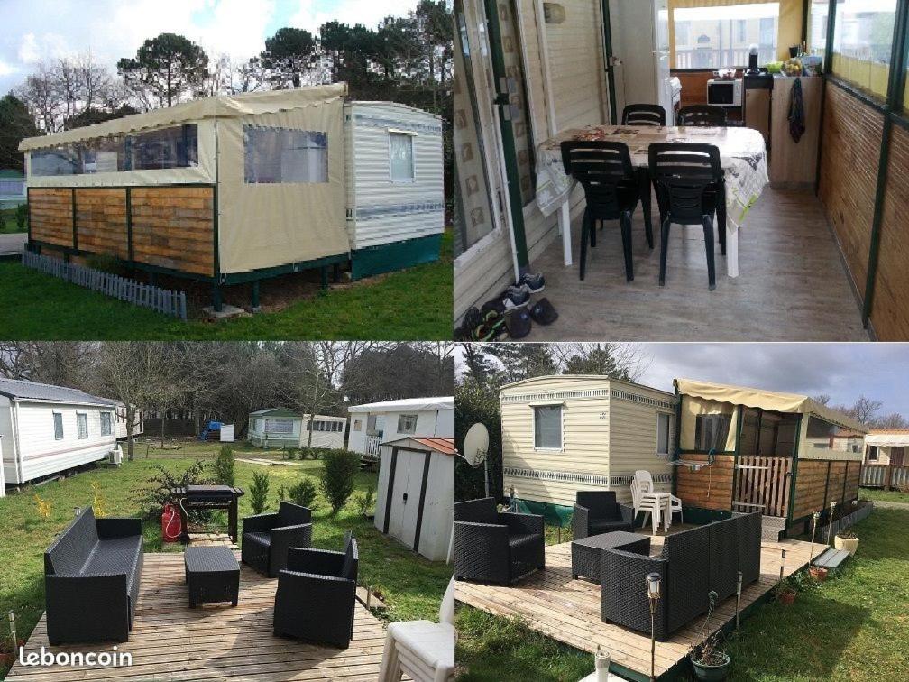 two pictures of a backyard with a house and a caravan at Mobilhome bien équipé et climatisé in Mimizan