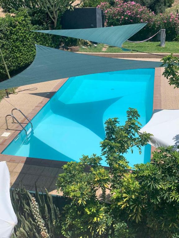 a blue swimming pool with a tarp around it at Spiti Damianos Villa Beachfront in Pomos