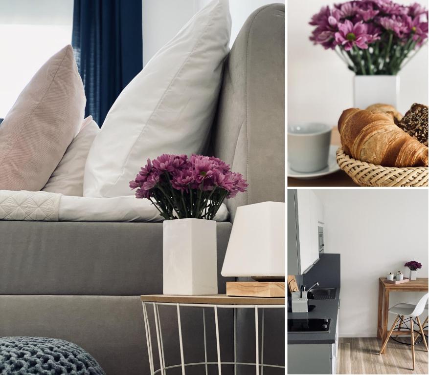 een collage van foto's van een bank met paarse bloemen bij Wanderlust Trier in Trier