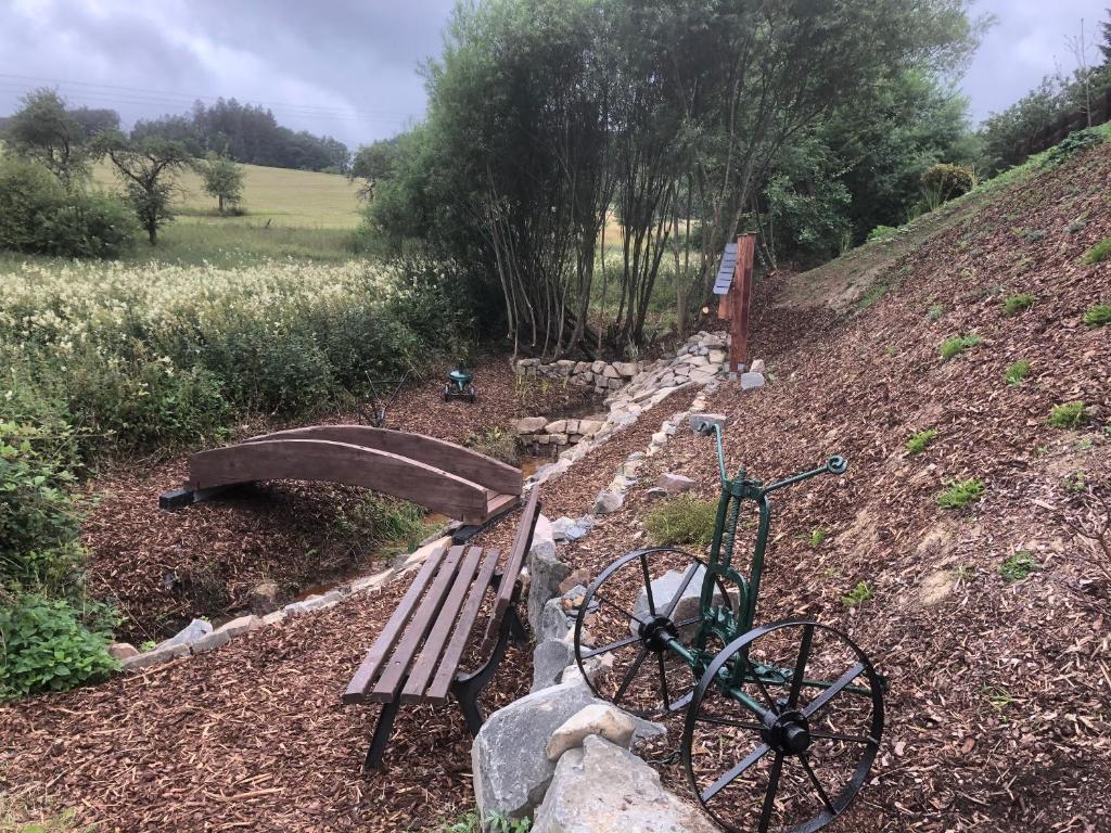 Una bicicleta estacionada junto a un banco en una colina en Ferienhaus Chilllout Chalets Daun-Kradenbach, en Kradenbach