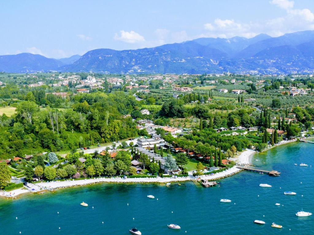 an aerial view of a town with boats in the water at Residence Villalsole in San Felice del Benaco