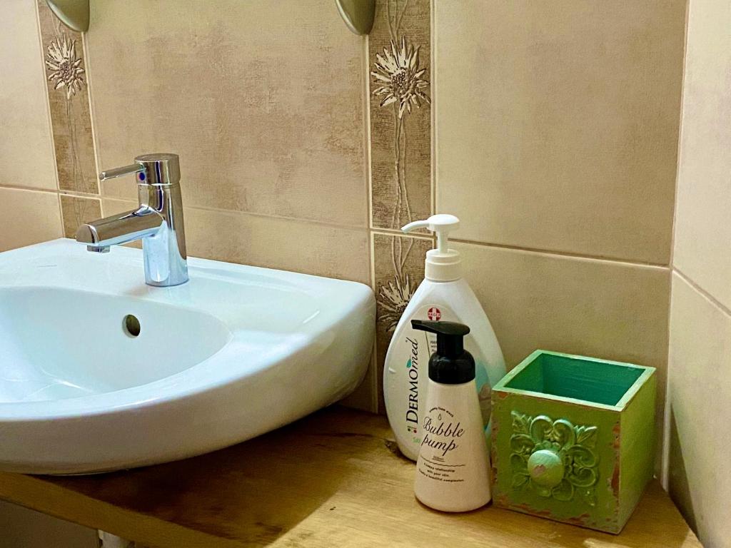 a bathroom with a sink and a bottle of soap at Свети Зосим in Sozopol