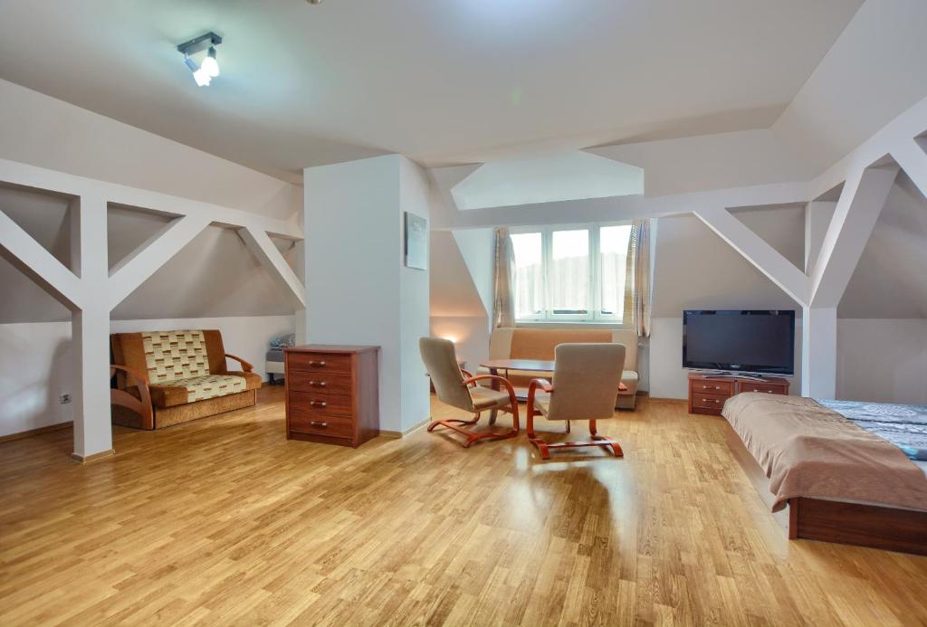 克雷尼察的住宿－Pod Krukiem，一间卧室配有一张床、一张书桌和一台电视。
