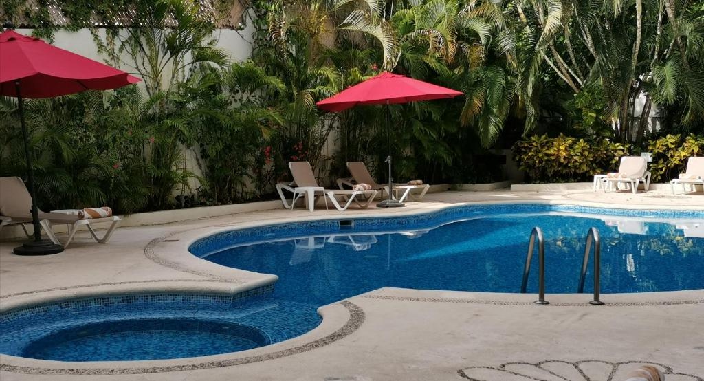 a swimming pool with two umbrellas and chairs at Adhara Express in Cancún