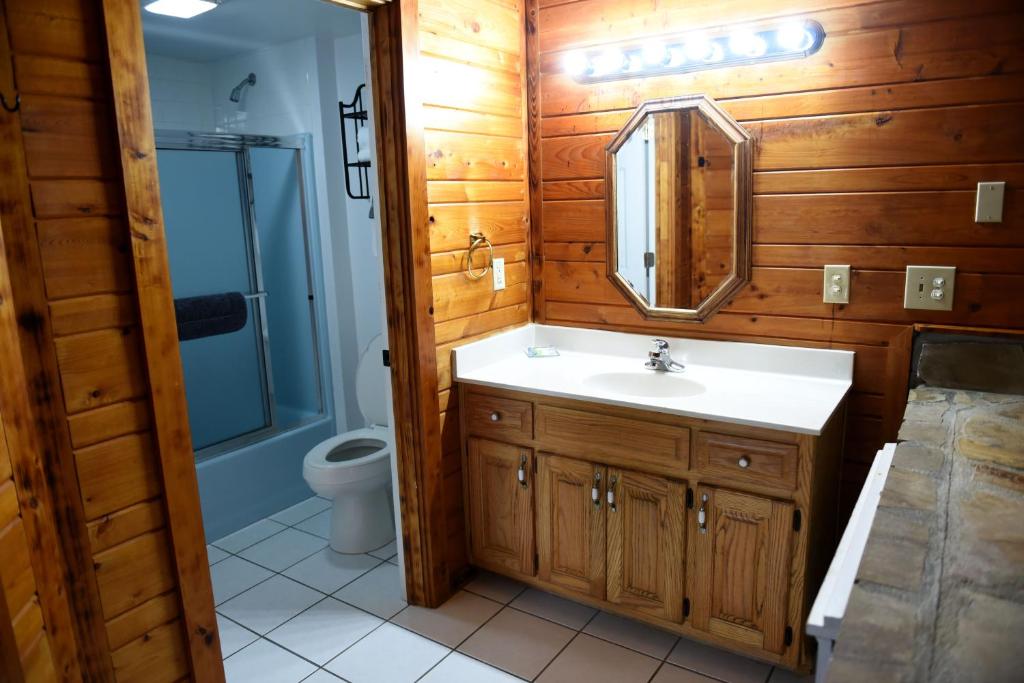 a bathroom with a sink and a toilet at Heidi Motel - Helen in Helen