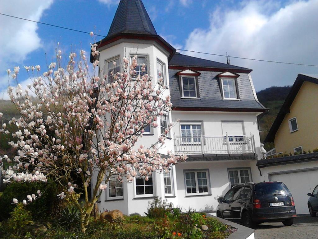 una casa blanca con un árbol floreciente delante de ella en Ferienwohnung Thönnes en Müden