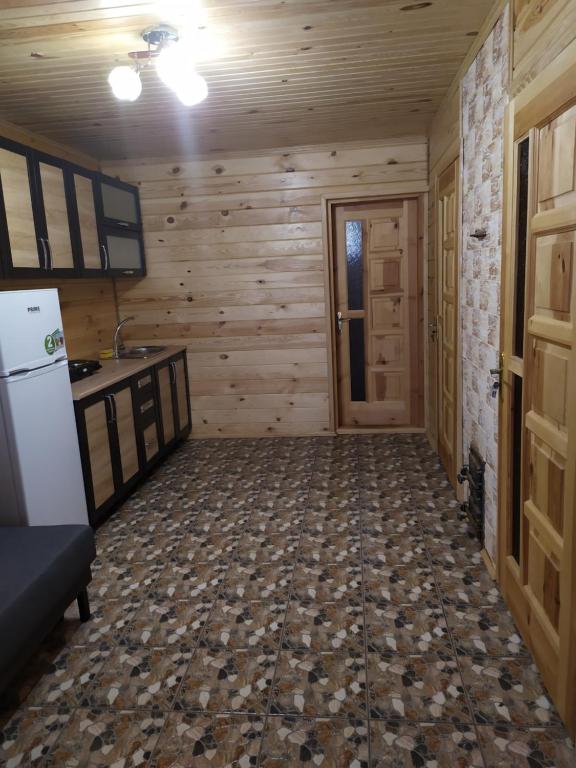a kitchen with wooden walls and a refrigerator in a room at Лукі in Svityazʼ