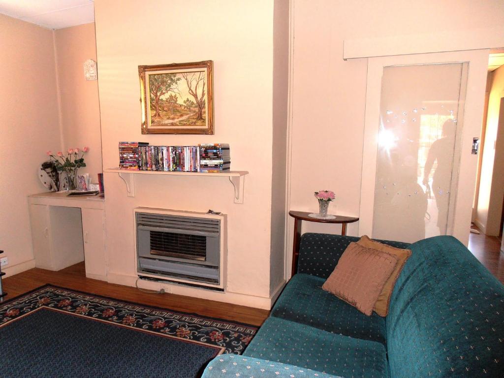 a living room with a couch and a fireplace at Lillymay Cottage in Broken Hill