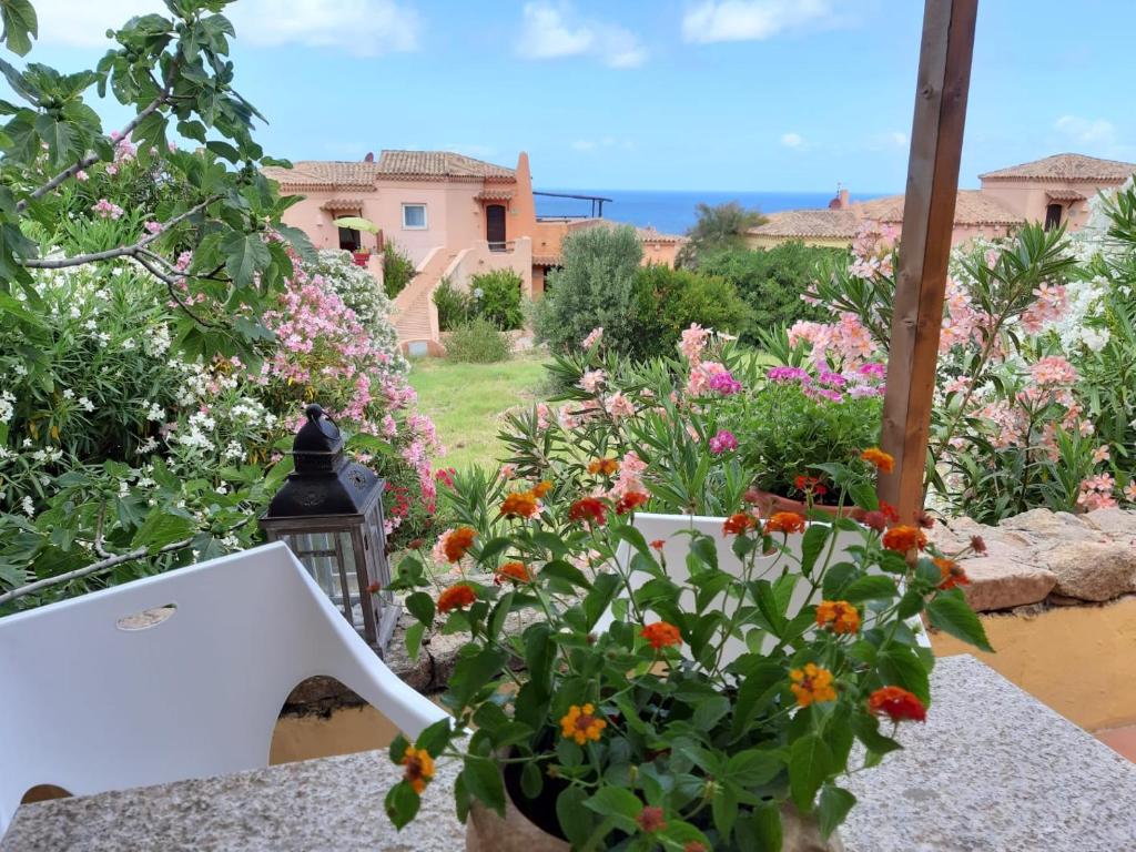 een tuin met kleurrijke bloemen op een tafel bij Appartamento panoramico Calarossa Sardegna in Isola Rossa