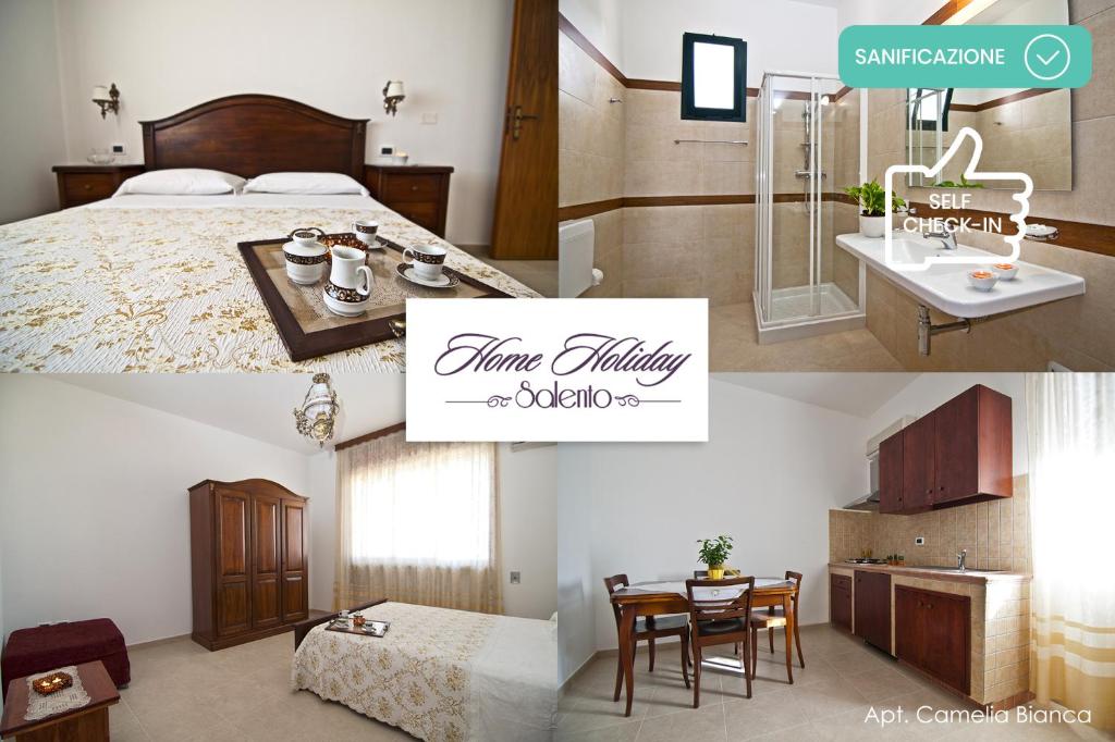 a collage of photos of a bedroom and a bathroom at Home Holiday Salento La Scisa in Alessano