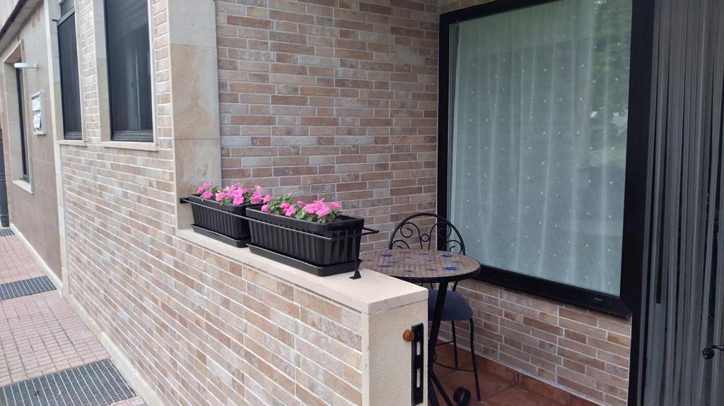 dois recipientes pretos com flores cor-de-rosa numa parede de tijolos em Apartamento los Acantilados Nº 2 Cobreces em Cóbreces