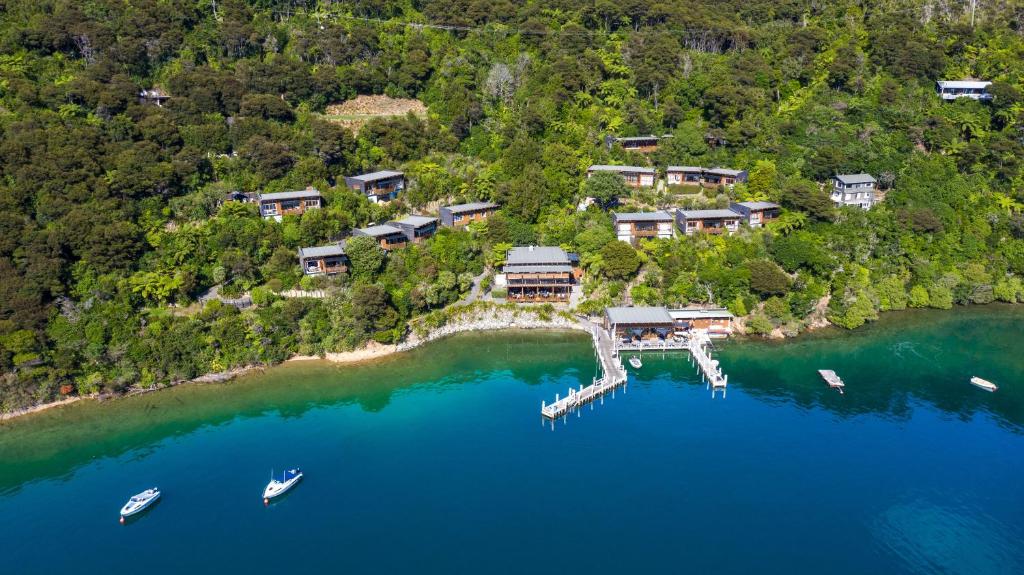 an aerial view of a house on an island in the water at Bay of Many Coves in Arthur's Bay