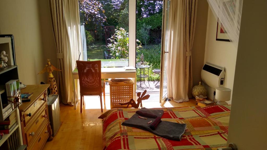ein Schlafzimmer mit einem Bett und einem großen Fenster in der Unterkunft Rob´s Place in Langenfeld