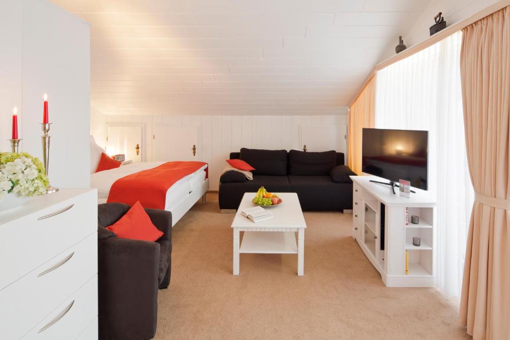 a living room with a couch and a bed and a tv at Pension Gimpel in Bad Wildungen