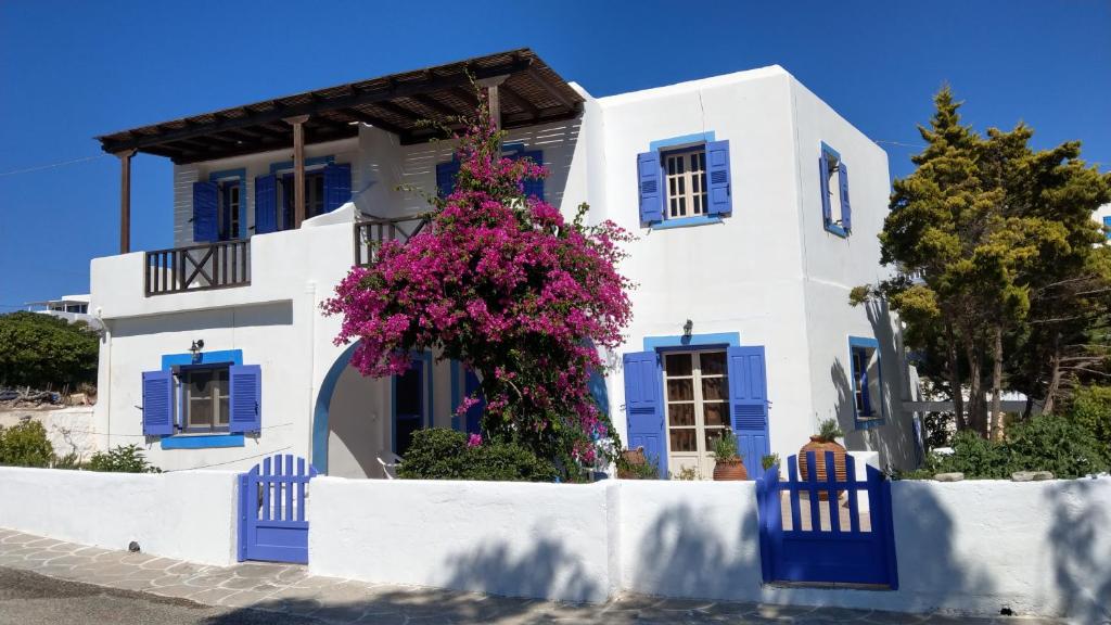 una casa azul y blanca con una floristería en Chora Place, en Síkinos