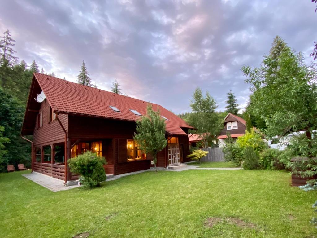 uma casa com um grande quintal com uma casa em Platán Vendégház em Izvoare