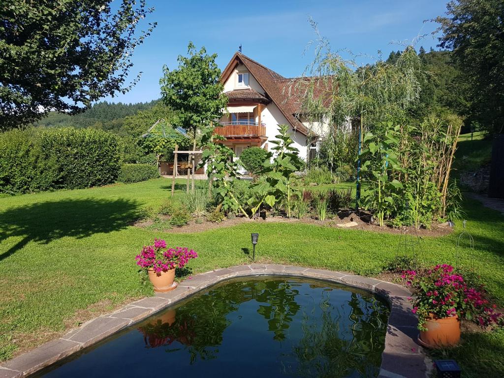 a house with a pond in front of a yard at Paradies 1 in Kastelhof