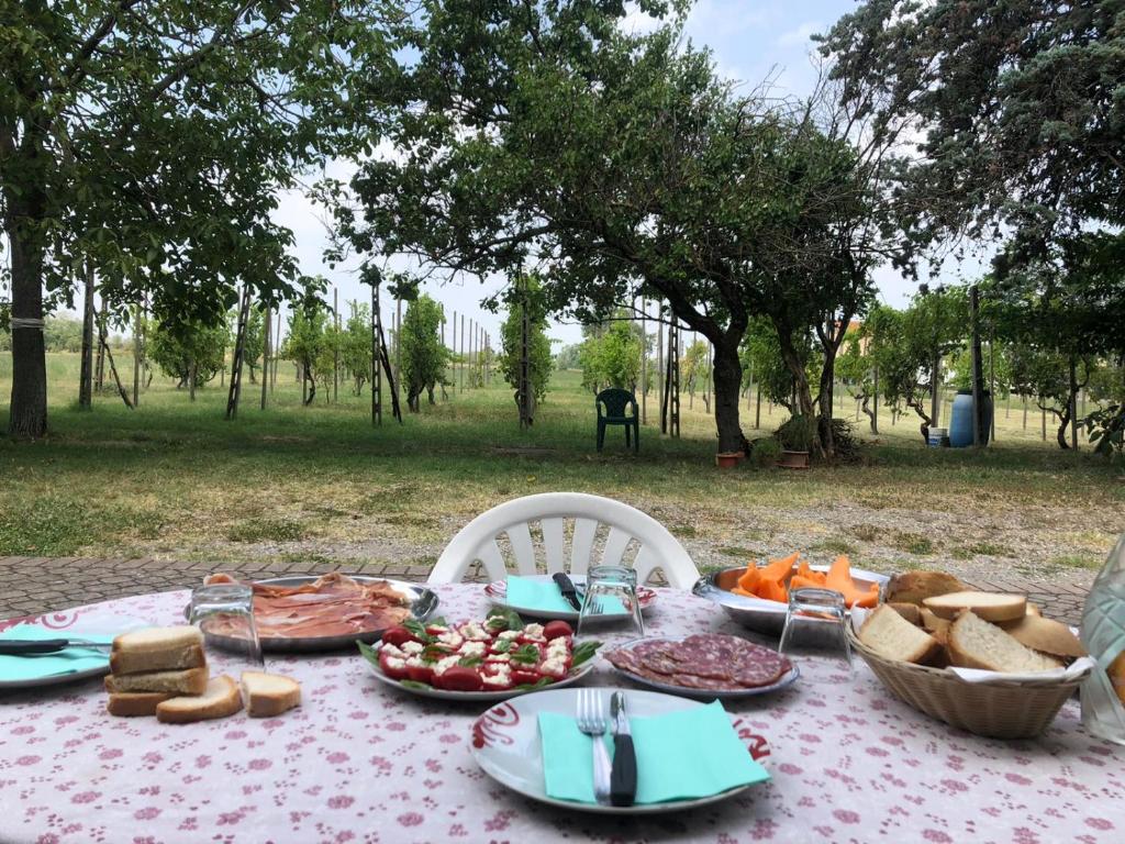 una mesa de picnic con comida y pan. en Il Canale dei Mulini, en San Damiano