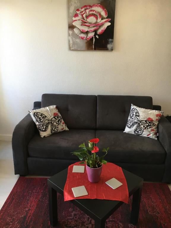 a living room with a couch and a table with a plant at Vacances à la plage Cabourg F2 in Cabourg