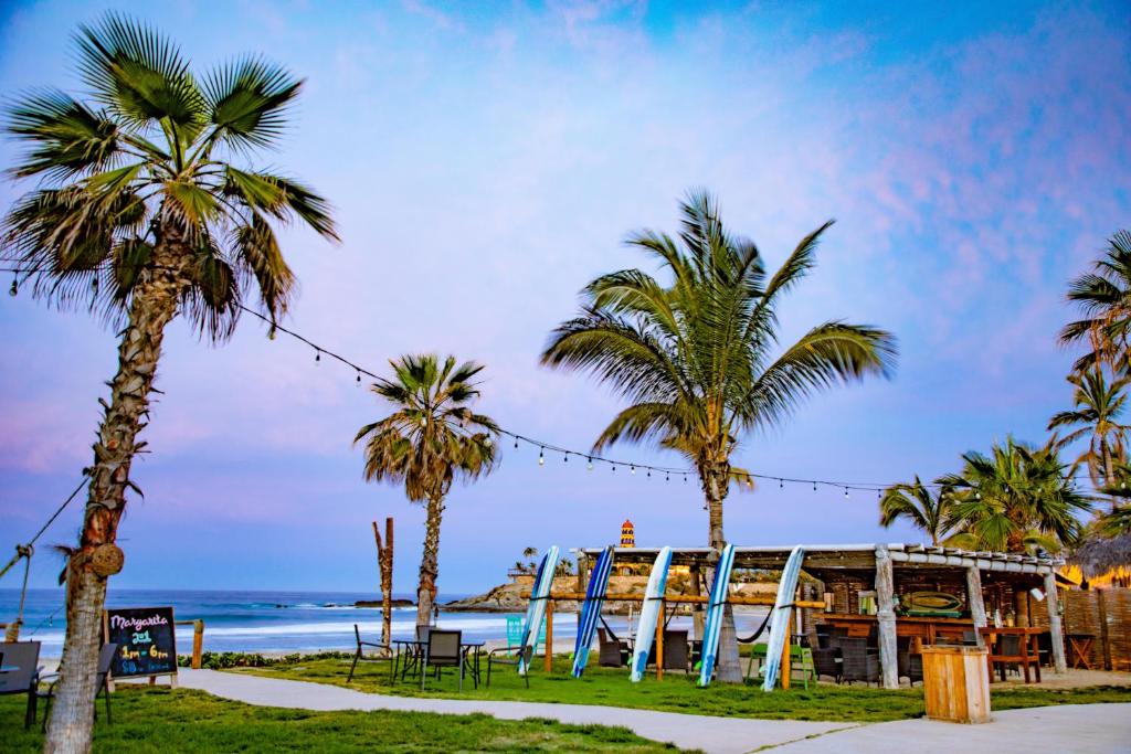 a beach with palm trees and a building with chairs at Cerritos Surf Town - Beach Front Property in El Pescadero