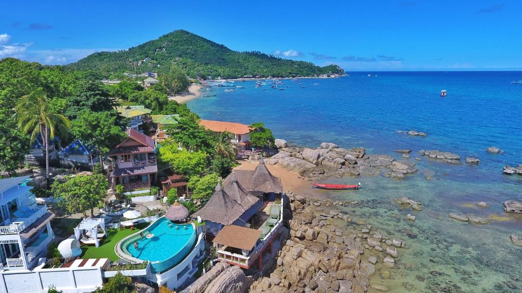 an aerial view of a resort next to the ocean at DD Hut Koh Tao in Koh Tao